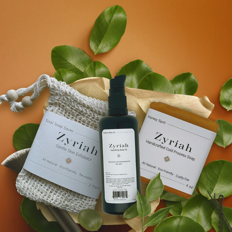 Zyriah Beautiful Body Box, Hydrating Body Oil + Natural Soap + Soap Saver Bag